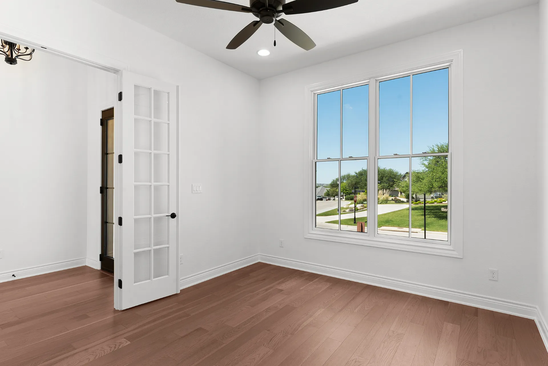 Dedicated home office behind French doors